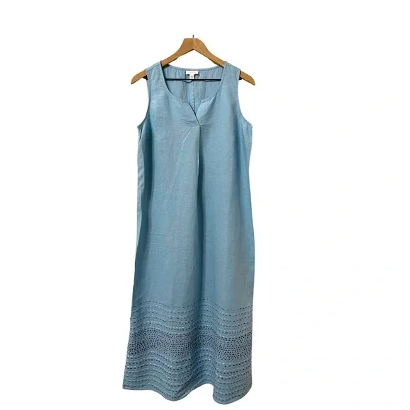Pure J. Jill Kantha Stitched Linen Maxi Tank Blue & White Dress Size Small